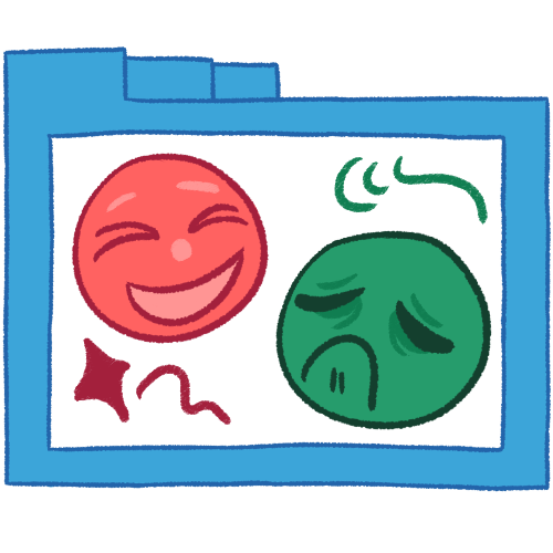 A hollow blue folder with thin lineart containing a pink happy face and a green upset face. There are squiggles around the faces